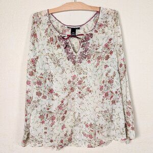 VTG Venezia Womens Sheer Blouse 18/20 Floral Boho Y2K Beaded Fairy Cottagecore